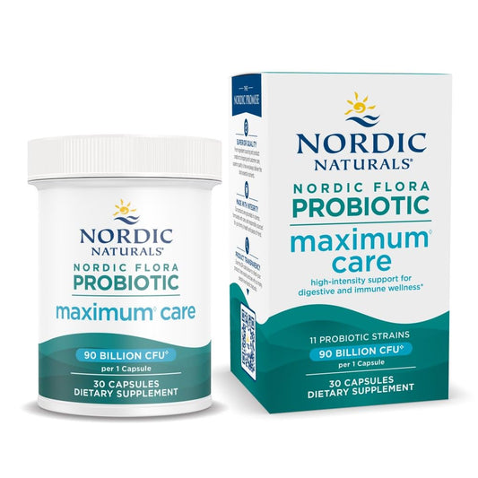 Nordic Naturals Nordic Flora Probiotic Maximum Care bottle promoting daily digestive balance.