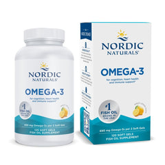 Nordic Naturals Omega-3 Lemon bottle highlights purity and daily heart and brain health support.