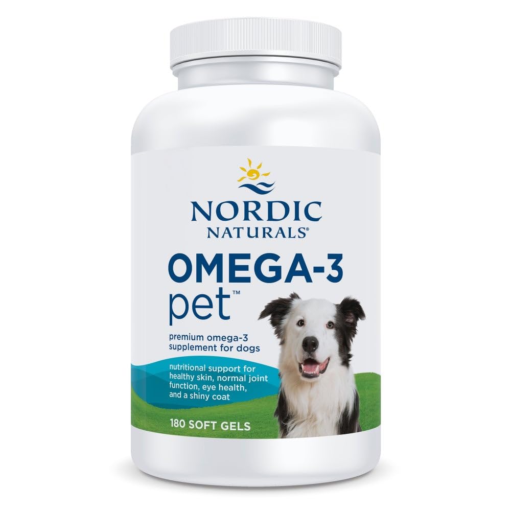 Nordic Naturals Omega-3 Pet unflavored bottle image showing easy daily dosage supports heart, skin, and coat.