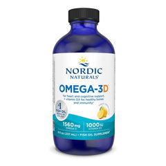 Nordic Naturals Omega-3D lemon bottle shown with pleasant taste for daily intake