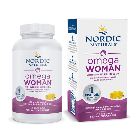 Nordic Naturals Omega Woman lemon bottle highlights omega-3 and GLA blend for skin support.