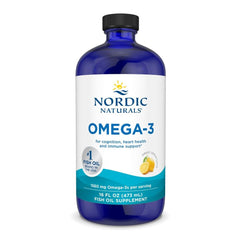 Nordic Naturals Omega-3 lemon bottle with clear label for daily heart and brain health support.
