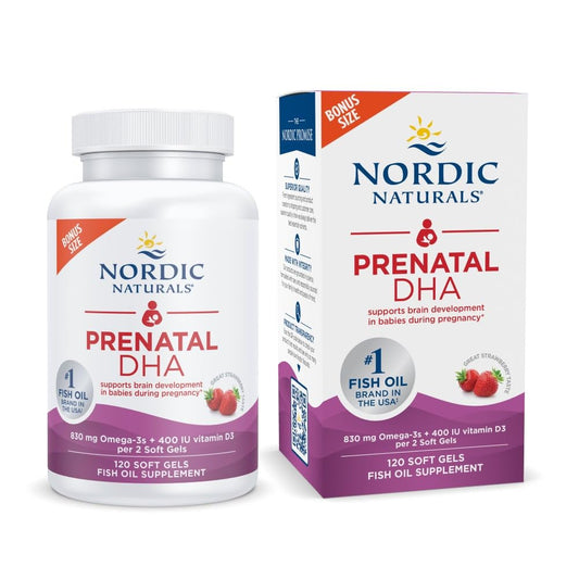 Nordic Naturals Prenatal DHA strawberry bottle front, a trusted omega-3 for fetal development.
