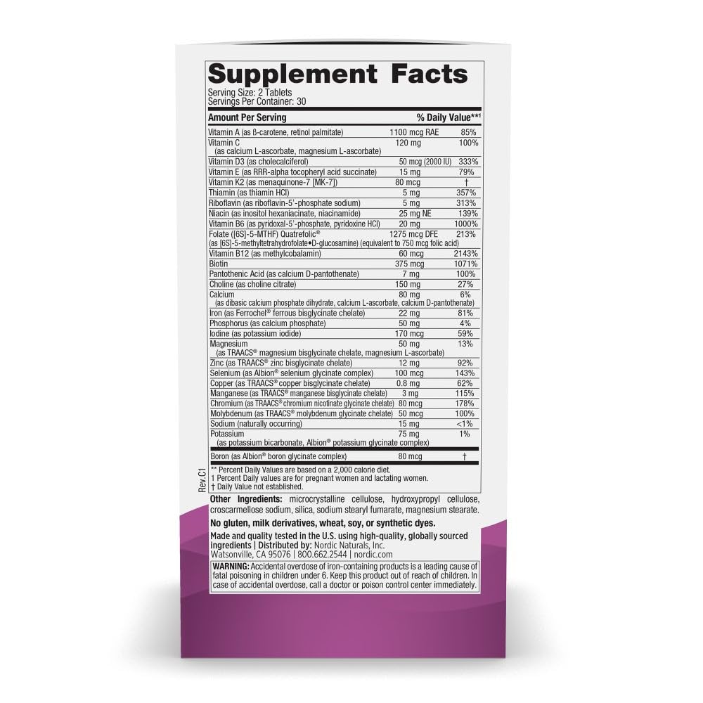 Nordic Naturals Prenatal Multivitamin tablet close-up highlighting vegetarian formula