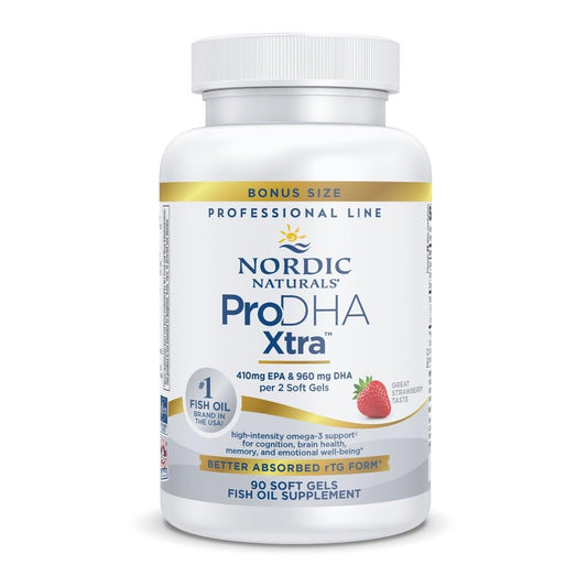 Nordic Naturals ProDHA Xtra strawberry bottle highlights high-DHA formula for daily use