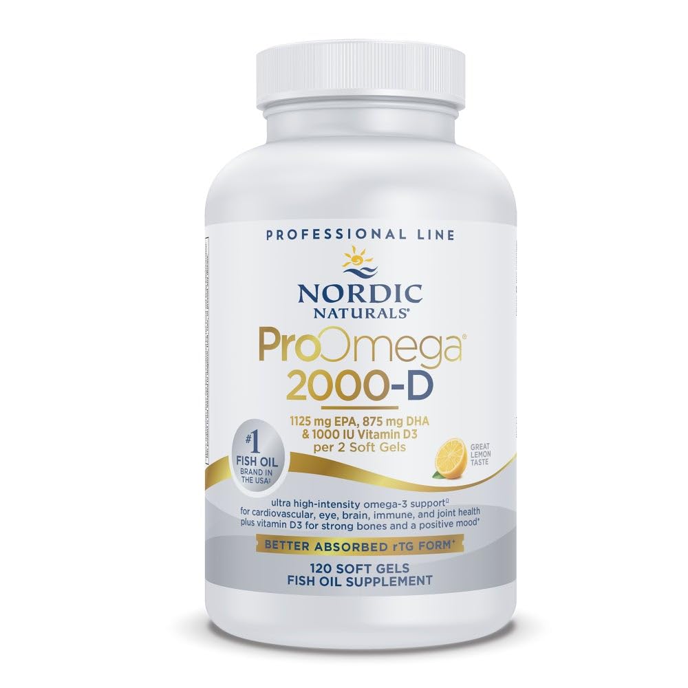 Nordic Naturals ProOmega 2000-D lemon bottle showing high-potency omega-3 with D3 for daily support