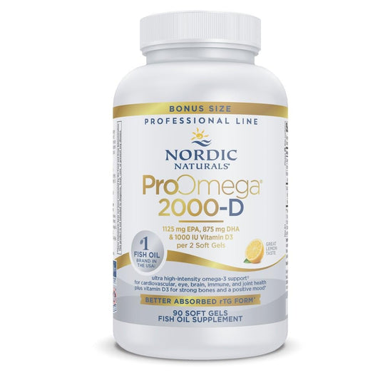 Nordic Naturals ProOmega 2000-D Lemon bottle for daily omega-3 intake.