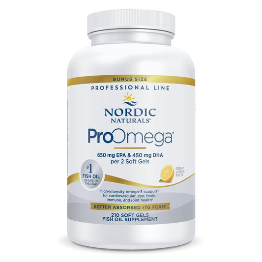 Nordic Naturals ProOmega Lemon bottle showing high-potency omega-3 for heart and brain support