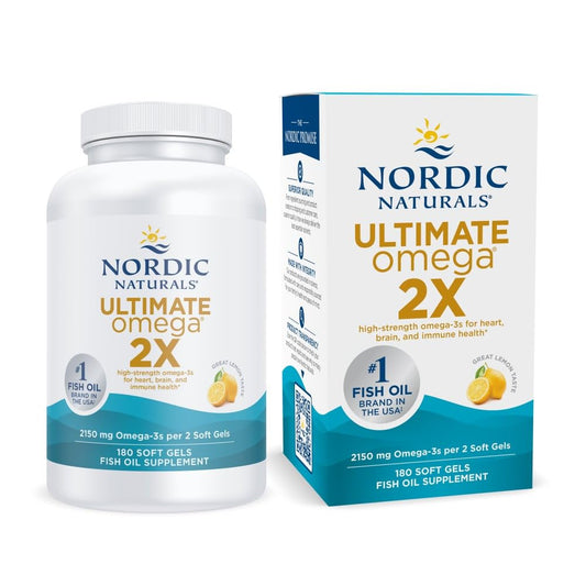 Nordic Naturals Ultimate Omega 2X bottle front showing lemon-flavored soft gels for daily omega-3 benefits