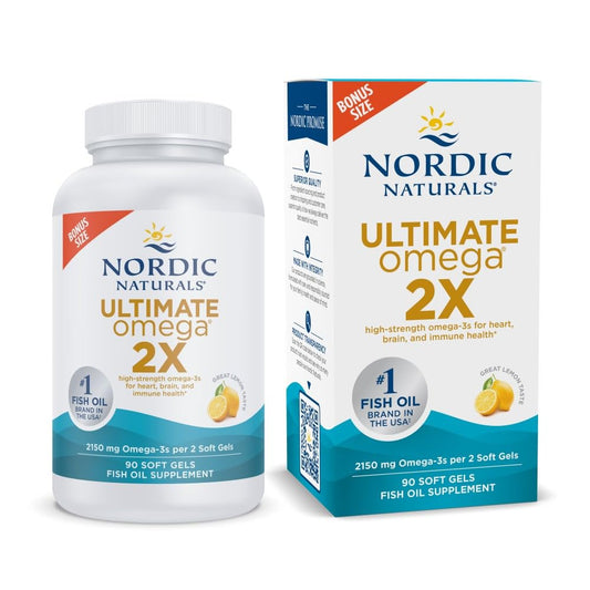 Nordic Naturals Ultimate Omega 2X bottle with lemon flavor for daily omega-3 support.