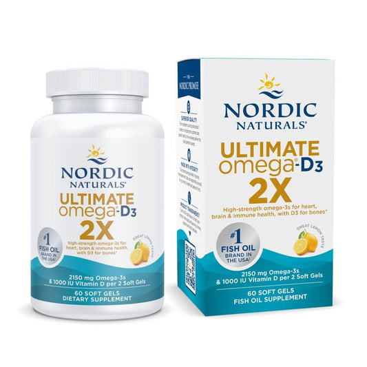 Nordic Naturals Ultimate Omega 2X lemon bottle with soft gels for heart and brain support