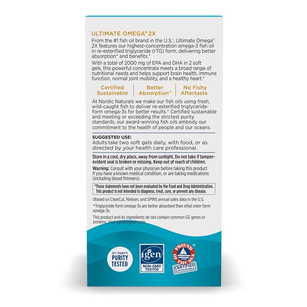 Nordic Naturals Ultimate Omega 2X soft gels with lemon close-up emphasizing high potency formula.