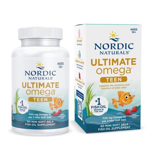 Nordic Naturals Ultimate Omega 2x Teen strawberry bottle shown for daily brain-boost routines