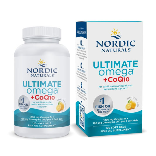 Nordic Naturals Ultimate Omega + CoQ10 Lemon bottle front showing heart health and energy support.