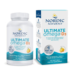Nordic Naturals Ultimate Omega-D3 lemon bottle on wood for daily heart and brain support