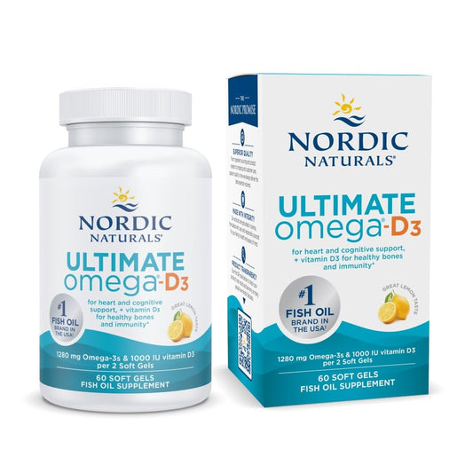 Nordic Naturals Ultimate Omega-D3 lemon soft gels bottle supports daily omega-3 intake