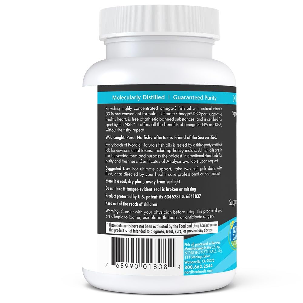 Nordic Naturals Ultimate Omega-D3 Sport lemon label emphasizing omega-3 and vitamin D3 content