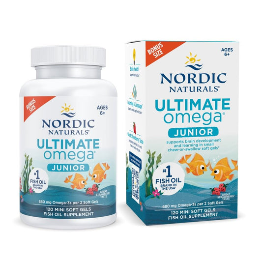 Nordic Naturals Ultimate Omega Jr. strawberry bottle with kid-friendly omega-3 support for brain health.