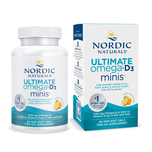 Nordic Naturals Ultimate Omega Mini D3 lemon bottle front, convenient daily omega-3 support.