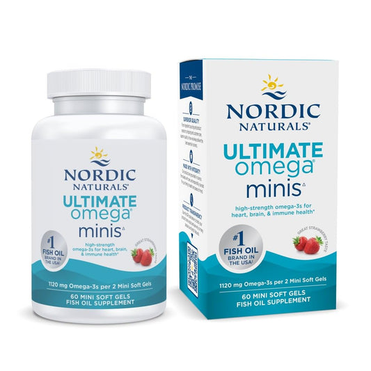 Nordic Naturals Ultimate Omega Minis strawberry bottle showing high-potency omega-3 for daily wellness