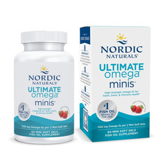 Nordic Naturals Ultimate Omega Minis strawberry bottle showing high-potency omega-3 for daily wellness