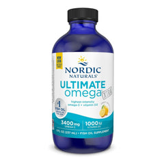 Nordic Naturals Ultimate Omega Xtra Lemon bottle highlighting high omega-3 and vitamin D3 for daily supplementation.