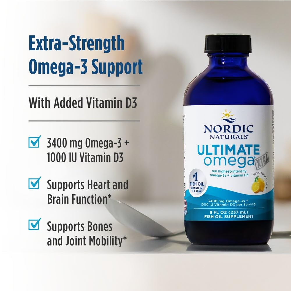 Nordic Naturals Ultimate Omega Xtra Lemon glass with lemon slice highlighting lemon flavor of the liquid omega-3.