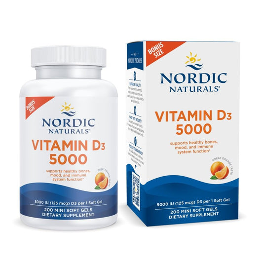 Nordic Naturals Vitamin D3 5000 orange bottle, convenient daily dose for bone and immune support.