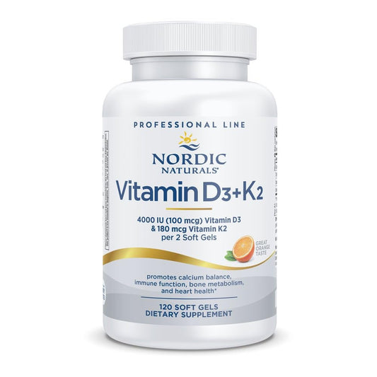 Nordic Naturals vitamin D3+K2 orange soft gels support calcium balance.