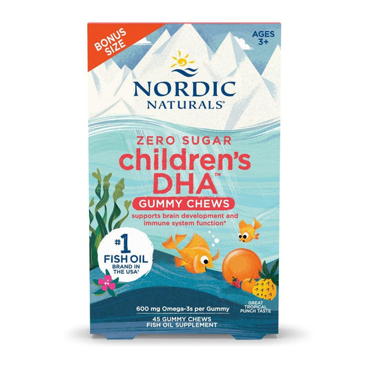 Nordic Naturals Zero Sugar Children's DHA Gummies tropical-punch-bottle offers flavorful omega-3 support.