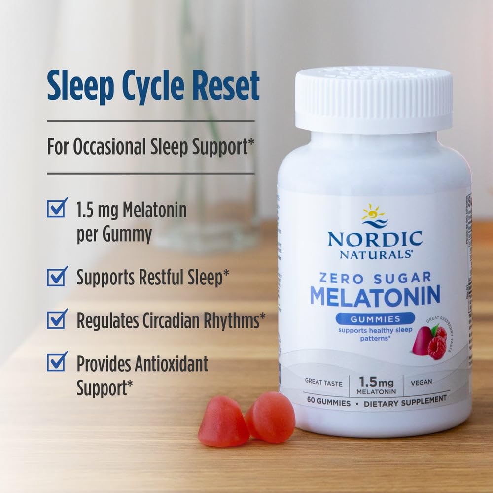 Nordic Naturals Zero Sugar Melatonin Gummies Raspberry jar on nightstand for night routine