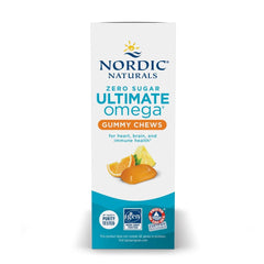 Nordic Naturals Zero Sugar Ultimate Omega Gummy Chews label front highlighting non-GMO and purity