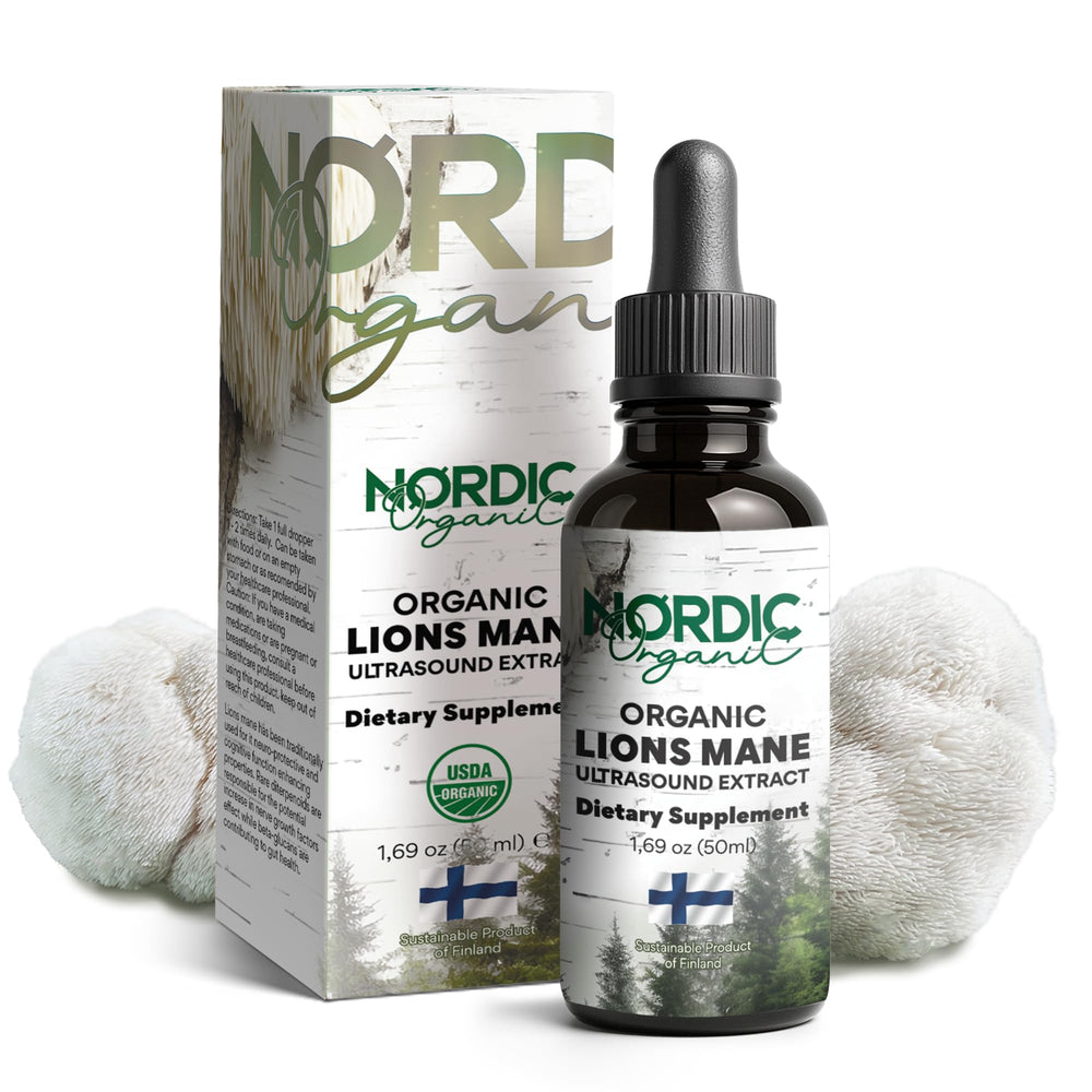 Nordic Organic Lion's Mane tincture bottle for easy daily dosing and focus support.