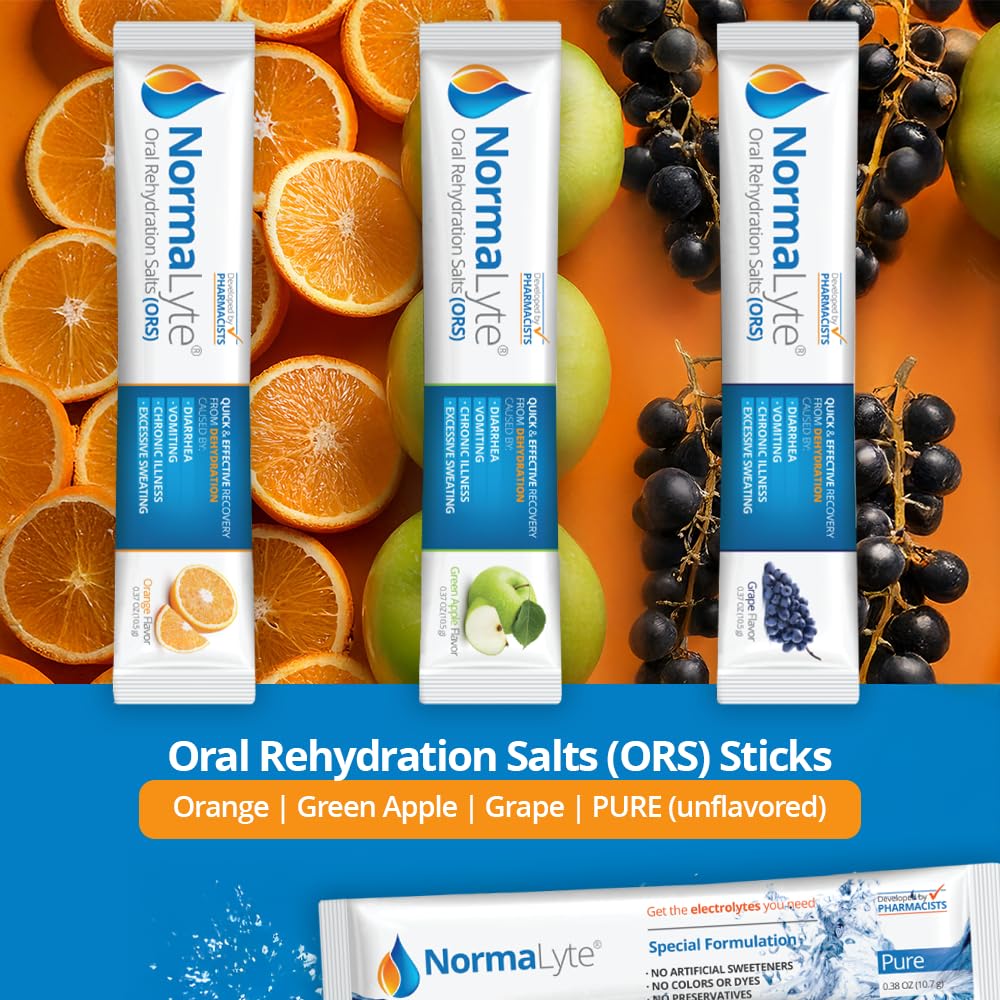 NormaLyte Orange powder packet close-up highlighting rapid hydration.