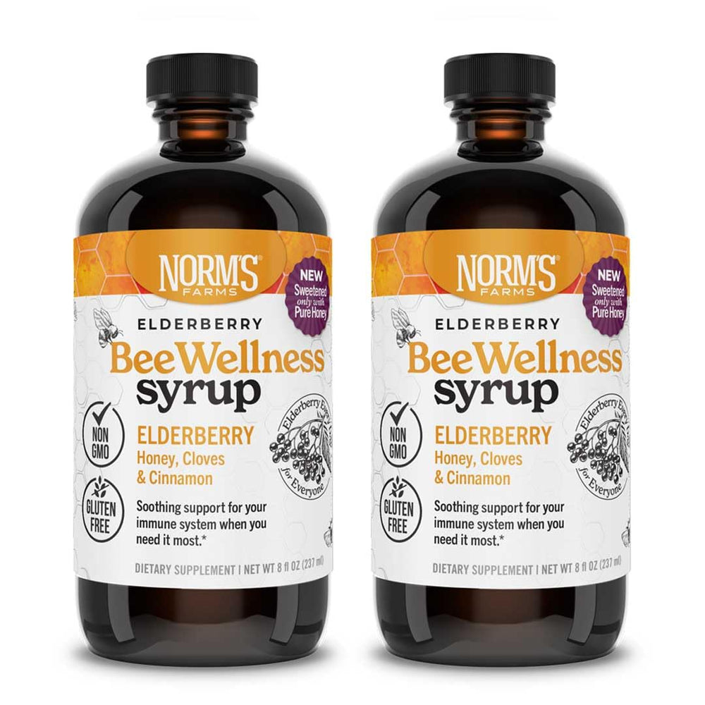 Norm's Farms BeeWellness elderberry syrup bottle shows natural ingredients for daily wellness