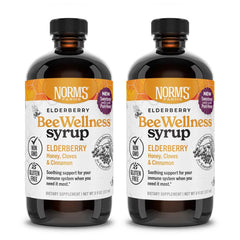 Norm's Farms BeeWellness elderberry syrup bottle shows natural ingredients for daily wellness