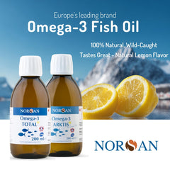 NORSAN Arktis cod liver oil closeup emphasizing purity and natural form.