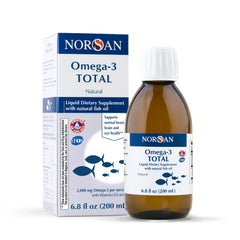 NORSAN Omega-3 Total Liquid bottle on a kitchen counter for daily omega-3 needs.