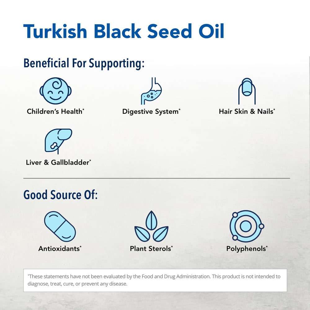 Ingredient panel of North American Herb & Spice Black Seed Oil showing cold-pressed, non-GMO oil.