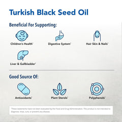 Ingredient panel of North American Herb & Spice Black Seed Oil showing cold-pressed, non-GMO oil.