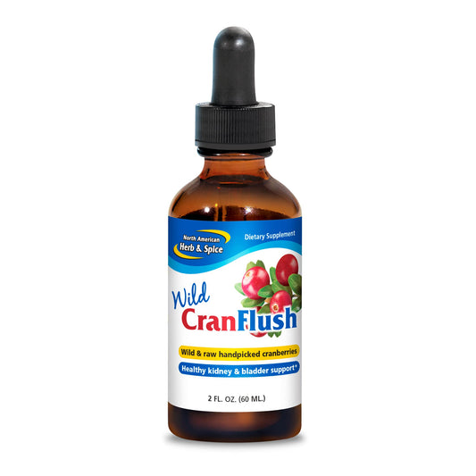 CranFlush bottle with wild cranberries highlights bladder and kidney support benefits