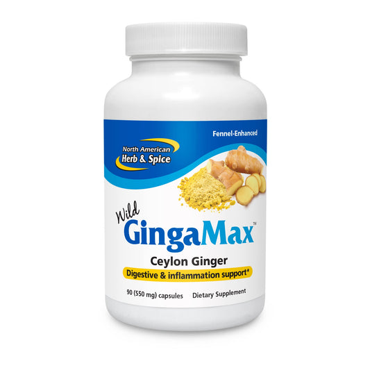 North American Herb & Spice GingaMax capsules bottle for digestive support.