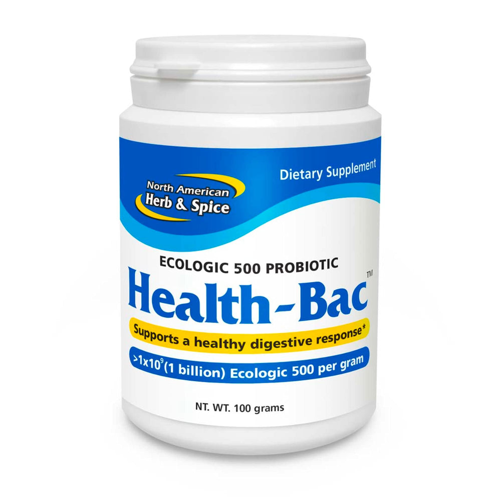 Health-Bac bottle label showing brand and probiotic blend for digestive support