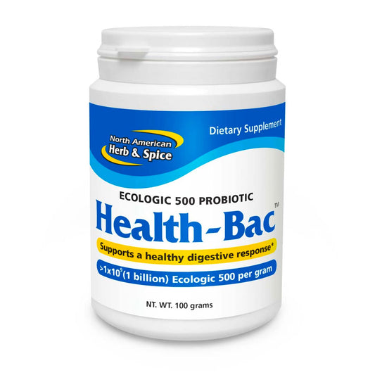 Health-Bac bottle label showing brand and probiotic blend for digestive support