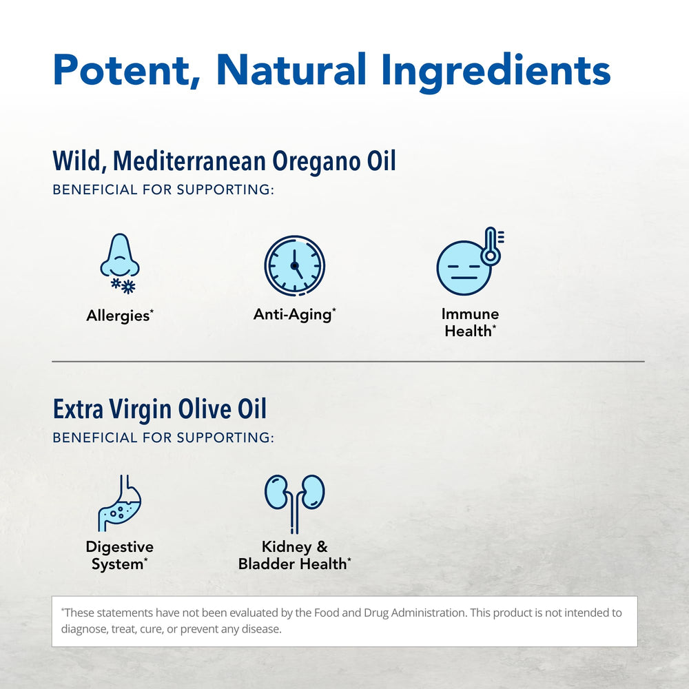 Oreganol label highlights organic, non-GMO sourcing and ingredients.