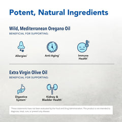Oreganol label highlights organic, non-GMO sourcing and ingredients.