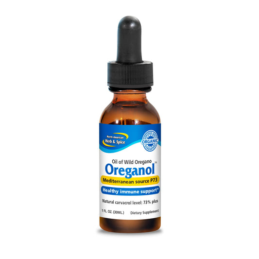 NORTH AMERICAN HERB & SPICE Oreganol P73 bottle pour for daily oregano oil use.