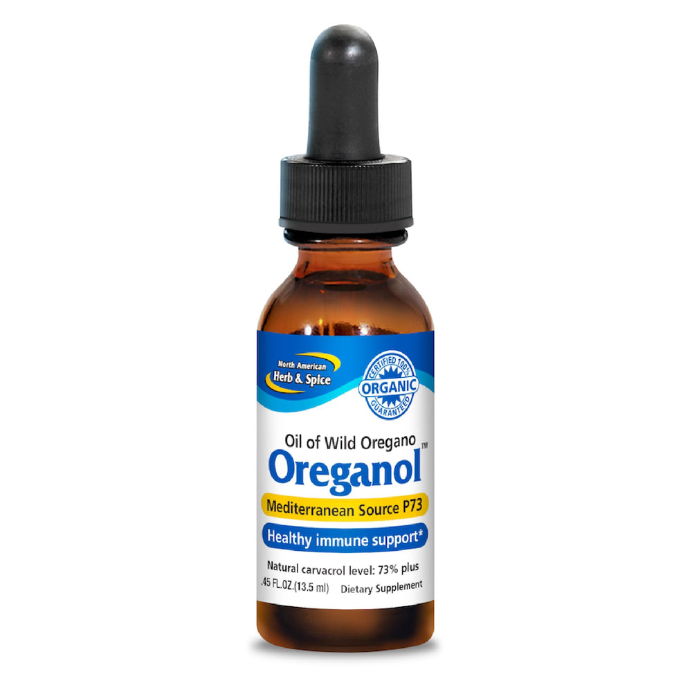 North American Herb & Spice Oreganol P73 bottle with wild oregano oil for daily use.
