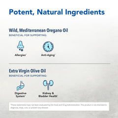 Oreganol P73 ingredients show mountain-grown oregano and olive oil