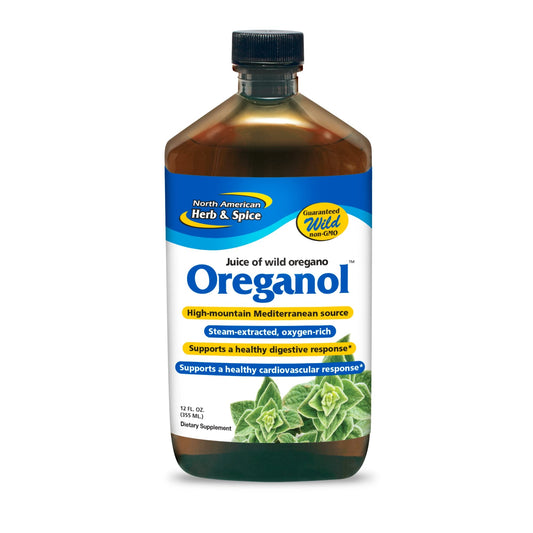 NORTH AMERICAN HERB & SPICE Oreganol P73 Juice bottle promotes holistic wellness with wild oregano oil.